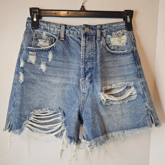 Signature 8 Blue Denim Shorts Women Distressed High Rise Button Down Size M - Picture 1 of 14